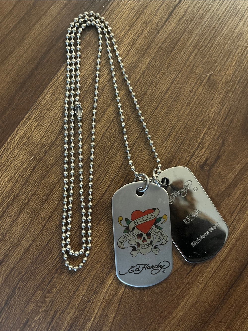 Vintage Y2K Ed Hardy "Love Kills Slowly" Stainless Steel Dog Tag Necklace